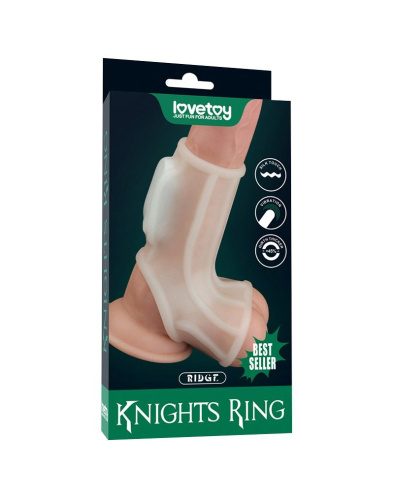 LoveToy Vibrating Ridge Knights Ring with Scrotum Sleeve – рельєфна насадка на член з вібрацією, 13.3 см (білий)